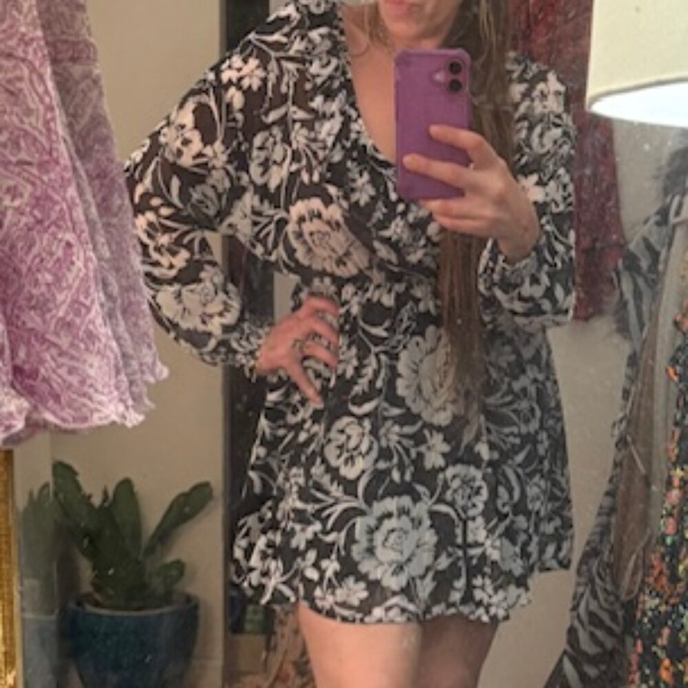 Zara Black & White Floral Print Mini Dress, NWT, Sz L